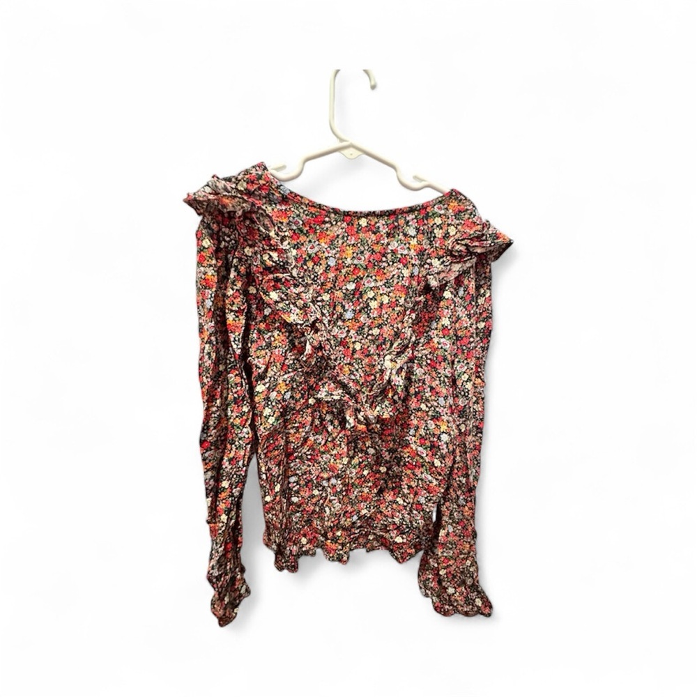 Zara Red and Black Floral Ruffle Blouse